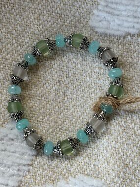 Handmade Sea Glass Bead Stretch Bracelet - Aqua & Sage